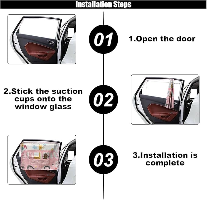 Car Window Shade for Baby, Blackout Car Window Curtain with Storage Pockets & 7 Suction Cups, Cartoon Pattern Cars Side Window Sun Shade Cover for Sun/Heat/UV Rays Protection (Pink-Giraffe)