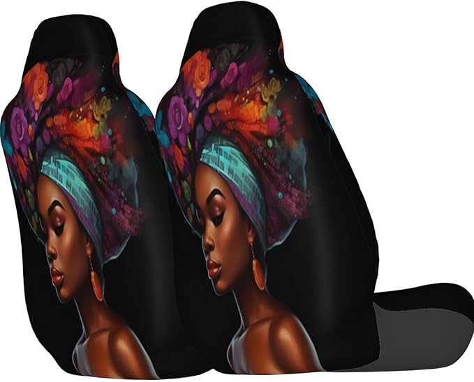 Delerain Car Seat Covers Set 2Pcs, Black African Women Glitter Universal Front Car Seats Vehicle Enterior Protector Suitable Fits Most Car Auto SUV Sedan Truck