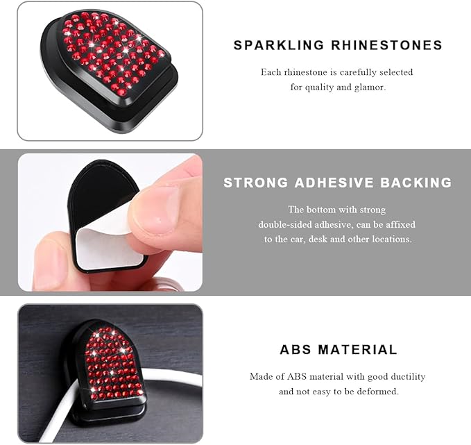 4 PCS Bling Car Mini Hooks, Cute Rhinestone Adhesive Back Seat Auto Hangers, Multifunctional Crystal Hanging Storage Hook for Vehicle Dashboard Wall Hat Coat Towel Key (Red)