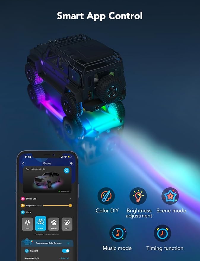 Govee Car Underglow Lights, 8 pcs RGBIC Under Car Lights with 16 Million Colors and 45 Scene Modes, Exterior Car Lights with App Control, 3 Music Modes LED Lights for Cars, SUVs, Trucks, DC 12-24V
