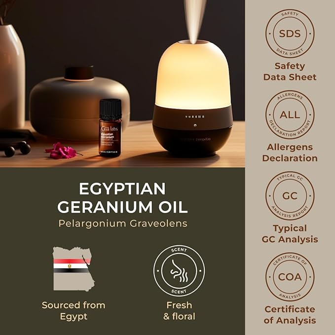 100% Pure Egyptian Geranium Essential Oil - 0.34 Fl Oz - Egyptian Geranium Oil for Hair, Skin, Diffuser, Aromatherapy & DIY Candle Making Scent