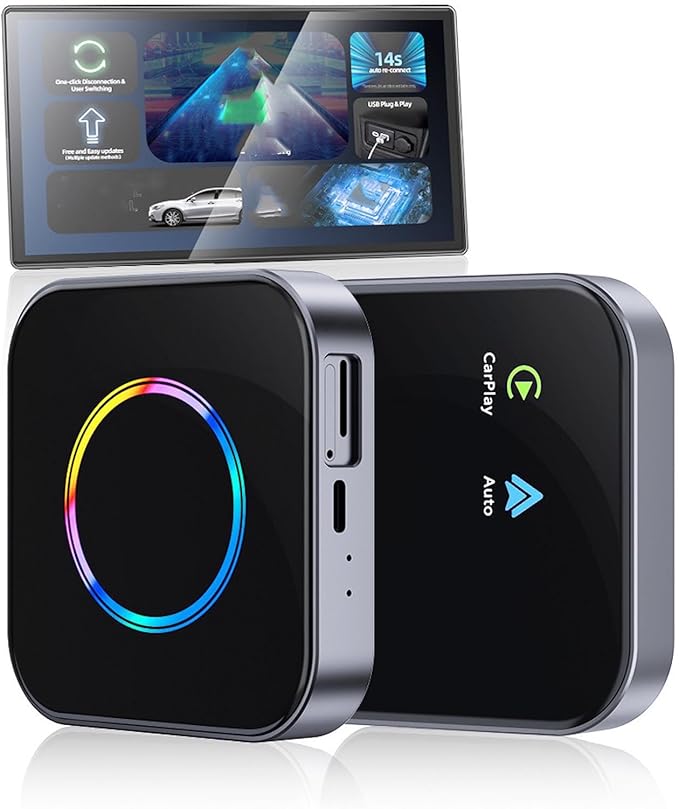 Sanpyl Wireless Car Play Adapter 6 in 1, 4G LTE Car Video Box with 4+64GB, for OS X Android, Dual App Functionality and Real Time Vehicle Tracking