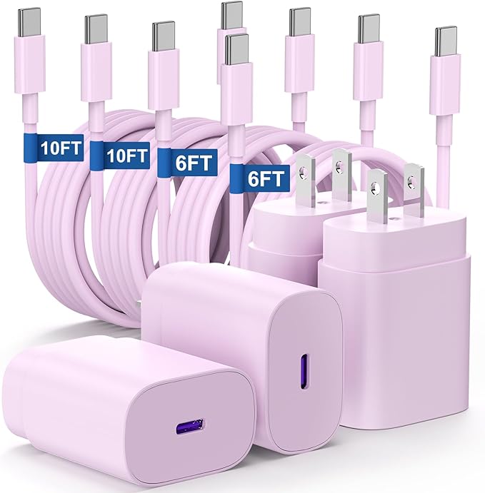 Essri Type C Charger Fast Charging for Samsung Galaxy S25/S24/S23/S22/Note 20,4Pack 25W Super USB C Fast Charger Block with (6ft+10ft) x2 Cables for iPhone 15/16 Pro Max/Plus, Android Phones-Pink