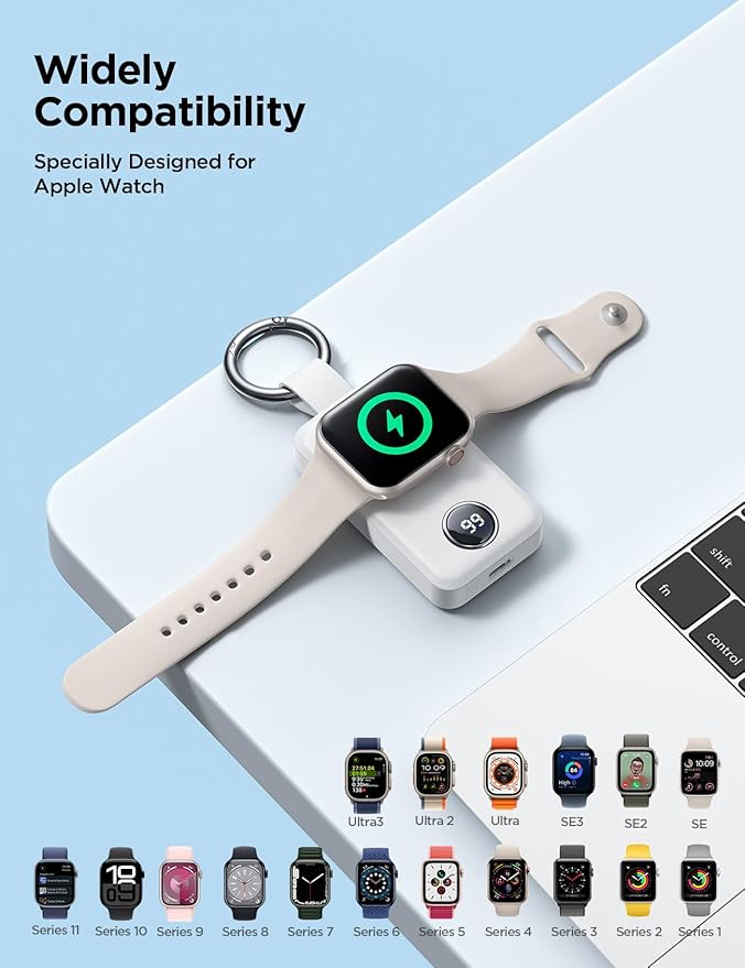 JOYROOM Portable 2000mAh Wireless Charger Compatible for Apple Watch Series 9/8/7/6/5/SE/4/3/2/UItra 2/Ultra, Compact Magnetic iWatch Charger Keychain Style Travel Essentials