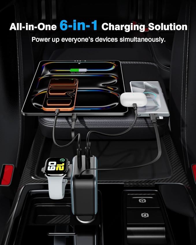 6 in 1 Retractable Car Charger, 100W USB C + USB A Fast Charging for iPhone 17/16/15/14/13/12/11, iWatch, Android, Travel Essentials Car Accessories, Gift for Men & Women (Grey)