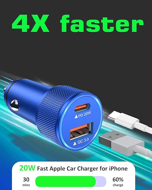 iPhone Car Charger, 2-Port Fast USB C Car Charger Dual USB C & USB A Car Charger Adapter Cigarette Lighter with 2Pack Lightning Cable for iPhone 14 Pro Max/14 Pro/14 Plus/13 Pro Max/12 Mini/11/X, iPad
