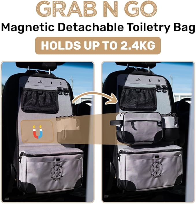 Living in a Bubble Seat back Organizer – Magnetic Toiletry and Cooler Pouch, Cordura Car Backseat Storage with Device Holder & Hooks, Multi-Compartment Utility Bag for Campervans & Family Travel