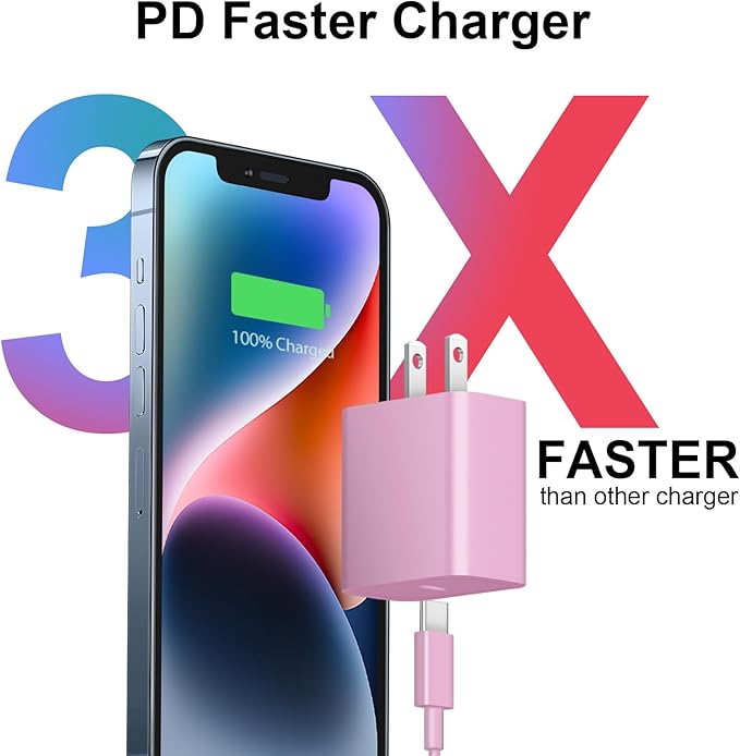 iPhone 17 16 15 Charger Fast Charging 2+2Pack 20W USB C Wall Charger with 10FT Fast Charging Cable Compatible with iPhone 17/17 Air/17 Pro/17 Pro Max/iPhone 16/15 Series, iPad Pro/AirPods-Pink