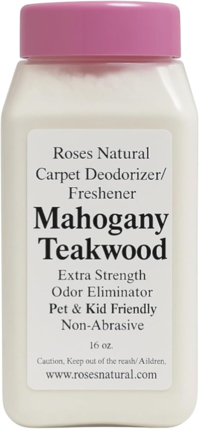 Mahogany Teakwood Carpet Deodorizer Powder – Pet Odor Eliminator & Carpet Freshener, Rugs & Upholstery, Natural Baking Soda Formula, Kid & Pet Friendly, Long Lasting Scent, 16 oz