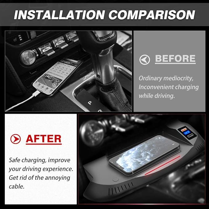Wireless Car Charger for Ford Mustang 2015 2016 2017 2018 2019 2020 Center Console Accessory Panel, 15W Fast Charging Phone Charger Pad with QC3.0 USB Port for iPhone Galaxy Any Qi Phone