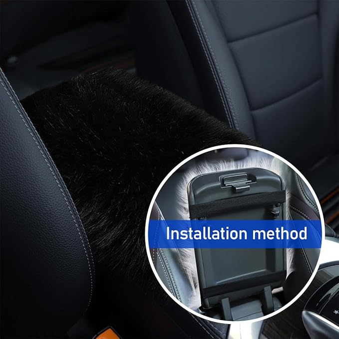 Furry Car Center Console Cover, 11.8"×7.9" Sheepskin Wool Armrest Box Cushion Pad, Comfort Soft Auto Center Console Protector, Interior Decor Accessories for Most Vehicles (Black)
