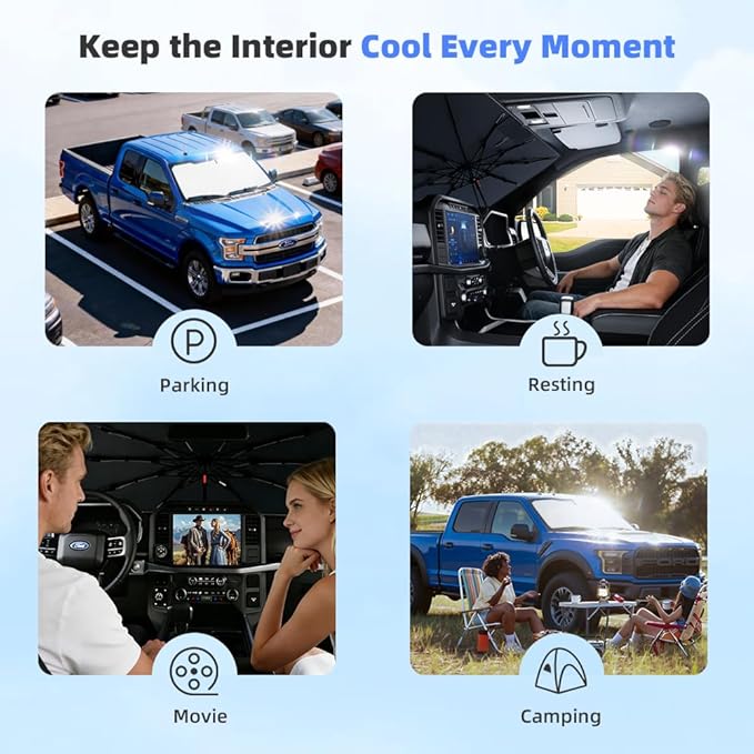 Windshield Sun Shade for Ford F150, Custom Fit 2015–2026, UPF 50+ UV Protection, Multi-Layer Heat Shield, 10-Rib Reinforced Frame, Easy Open Umbrella Design, Essential Premium Car Accessories