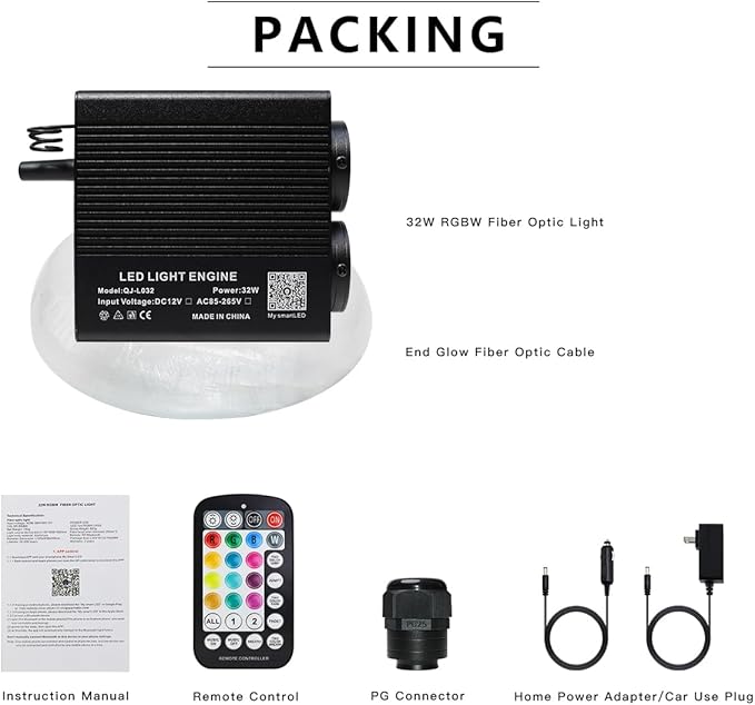 32W RGBW APP Fiber Optic Lights, Small Size Music Activated 450pcs 0.03in 9.8ft/3m Optical Fiber Star Ceiling Light Kit for Car Headliner Star/Home