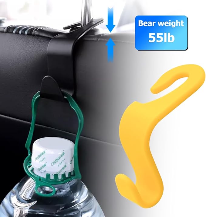 4PCS Car Back Seat Headrest Hooks, Rear Car Seat Storage Headrest Hanger Holder Hooks Organizer, Universal Auto Interior Accessories for Bag Purse Handbag Cloth Coats Grocery (Yellow)