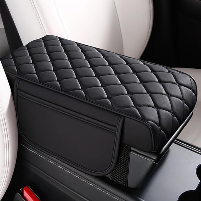 Universal Memory Cotton Car Armrest Box Pad, 2026 New Leather Car Armrest Box Pad with 2 Storage Bags, Auto Armrest Seat Box Cover, Center Console Cover Cushion for SUV, Car, Truck (Black)