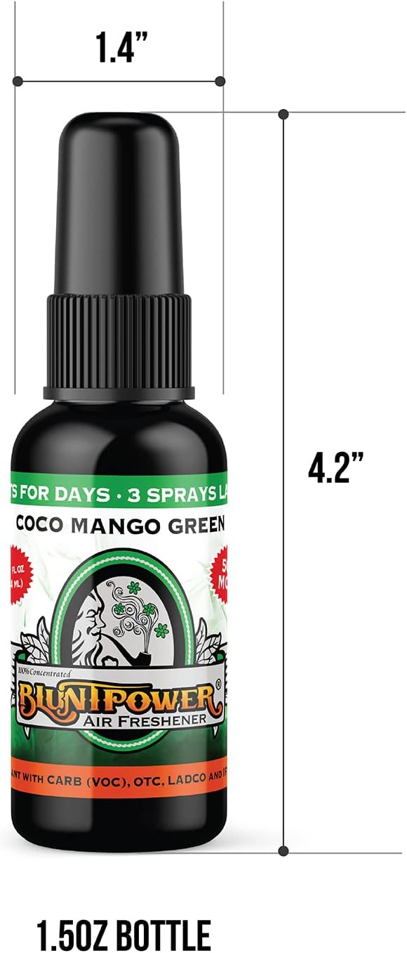 BluntPower Concentrated Air Freshener (Coco Mango Green, 1 Pack) for Room and Car - Oil-Based Diffuser Spray Bottle - Long-Lasting Bathroom, Car Freshener, & Odor Eliminator
