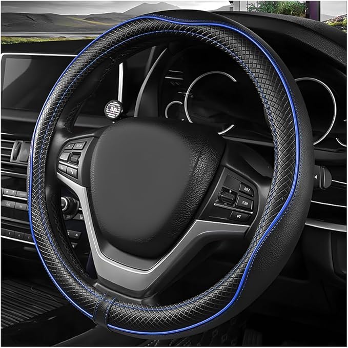 Car Steering Wheel Cover, 15 Inch Anti-Slip Breathable Leather Auto Steering Wheel Protector, Full Surround Soft Steering Wheel Cover for Men Women, Car Interior Accessories (Black & Blue)