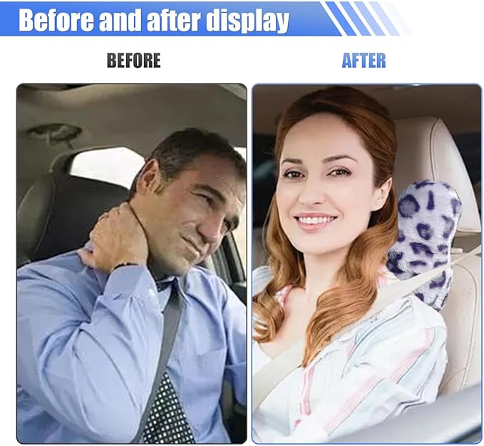 2PCS Cute Bow Car Headrest Pillow, Soft Breathable Leopard Plush Car Neck Support Pillow, Comfortable Warm Ergonomic Auto Interior Head Rest Cushion for Women, Girl (Purple)