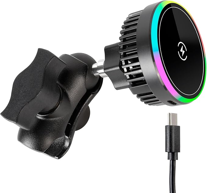 15W Magnetic Wireless Charging Phone Holder Base for RAM Mounts - TEC and Fan Dual Cooling - 1" (25mm) Ball Mount with Short Aluminum Arm, Compatible with Magsafe iPhone 17/16/15/14/13/12 Series