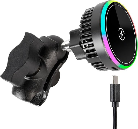 15W Magnetic Wireless Charging Phone Holder Base for RAM Mounts - TEC and Fan Dual Cooling - 1" (25mm) Ball Mount with Short Aluminum Arm, Compatible with Magsafe iPhone 17/16/15/14/13/12 Series
