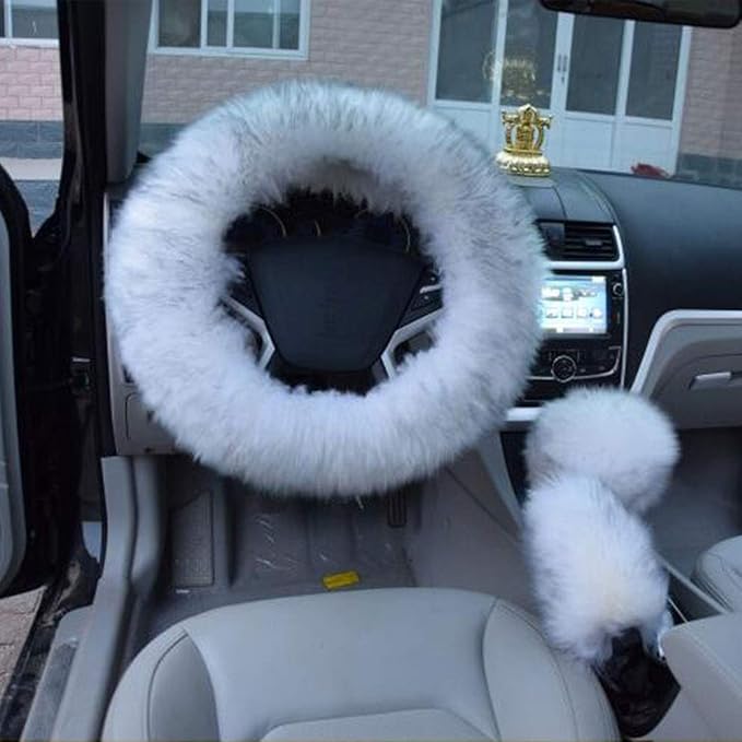 1 Set 3 Pcs Car Steering Wheel Cover & Handbrake Cover & Gear Shift Cover Set Faux Wool Warm Winter (Grey-3pcs)