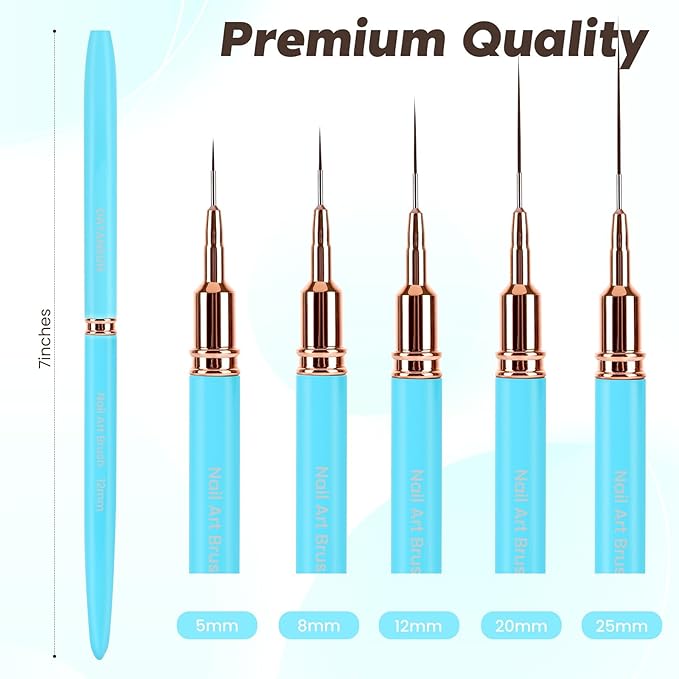 5PCS Nail Art Brushes Set with Pink Leather Case，【Metallic Material】 【Various Size】 【Light Weight】Nail Brush， Nail Brushes for Nail Art，Size：5mm,8mm,12mm,20mm,25mm, Blue