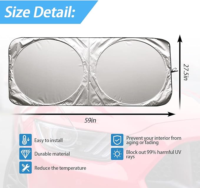 Foldable Windshield Sun Shade, Bonus Steering Wheel Sun Shield to Block UV Rays Keep Your Vehicle Cooler, Easy to Use Car Interior Accessories (59.2"x27.2")