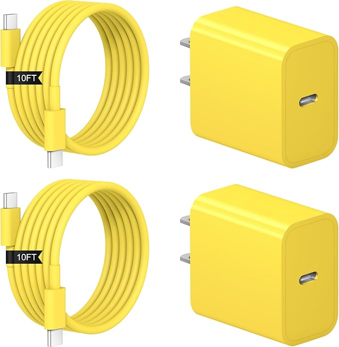iPhone 17 16 15 Charger Fast Charging 2+2Pack 20W USB C Wall Charger with 10FT Fast Charging Cable Compatible with iPhone 17/17 Air/17 Pro/17 Pro Max/iPhone 16/15 Series, iPad Pro/AirPods-Yellow