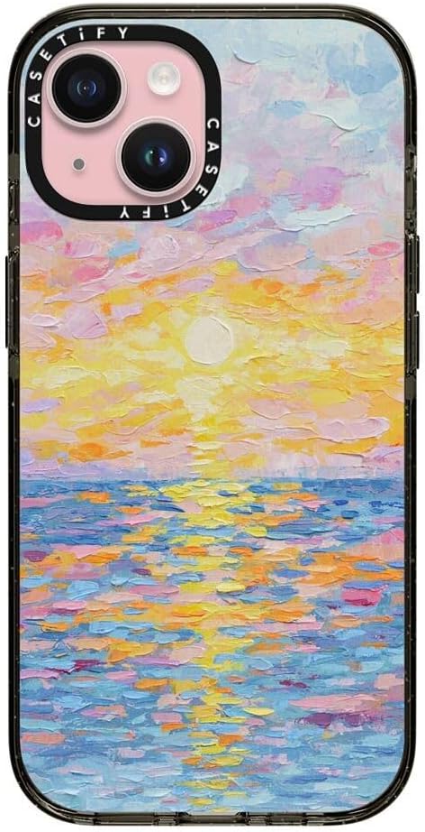 CASETiFY Impact iPhone 15 Case [4X Military Grade Drop Tested / 8.2ft Drop Protection/Compatible with Magsafe] - Paint Prints - Frosted Sunset - Clear Black