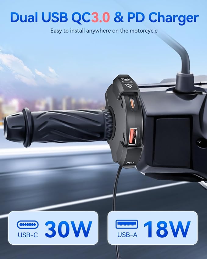 EXTRACTME Motorcycle Phone Charger, Ultra-Narrow Dual USB Type C 30W PD & Quick Charge 3.0 Motorcycle USB Charger, Waterproof Motorcycle USB Port for Phone, Tablet, GPS (Only 0.51 in Wide), Black
