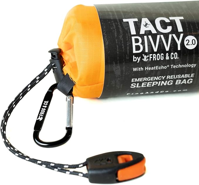 Survival Frog Tact Bivvy 2.0 Emergency Sleeping Bag with Stuff Sack, Carabiner & Survival Whistle – Compact, Lightweight, Waterproof, Reusable Thermal Bivy Sack Shelter Kit