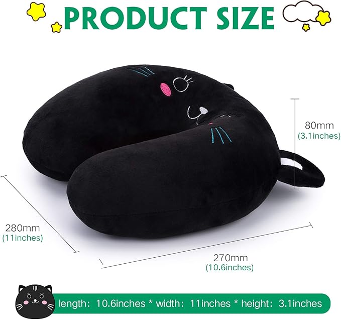 H HOMEWINS Travel Pillow for Kids,Cute Animal Neck Pillow for Boys Girls,Soft Neck Head Chin Support Pillow,Travel Accessories for Airplane, Car, Train,Recline (Black cat)