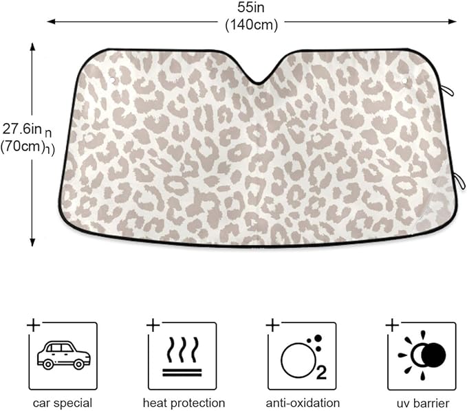 Leopard Cheetah White Car Windshield Sun Shade Foldable UV Ray Sun Visor Protector Sunshade to Keep Your Vehicle Cool (55" x 27.6")