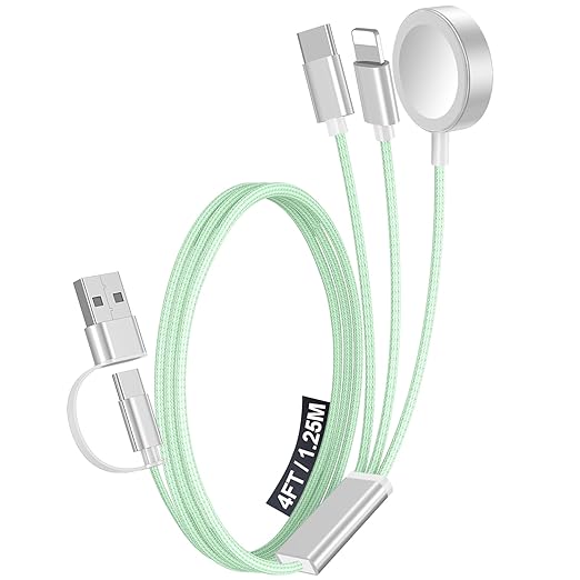 1Pack Multi Charging Cable Cord for Travel Essentials,Apple Watch Charger,iPhone Charger,[3-in-2] Type C/Lightning Cable Portable Designed for iWatch,iPhone 17-8,Galaxy S25-21,AirPods,iPad-4FT Green