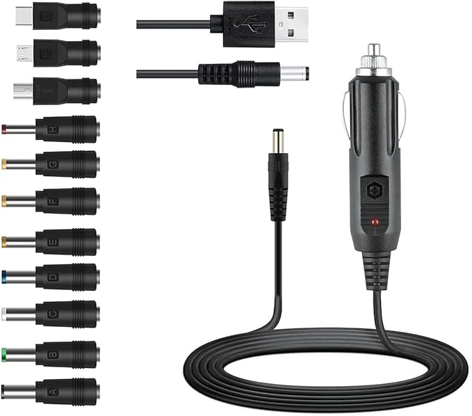 12V Car Charger(Max 10A) + 5V DC Power Cable,with 11 Connectors for DVD Player,Camera,GPS,Bluetooth Speakers,Shaver Fans