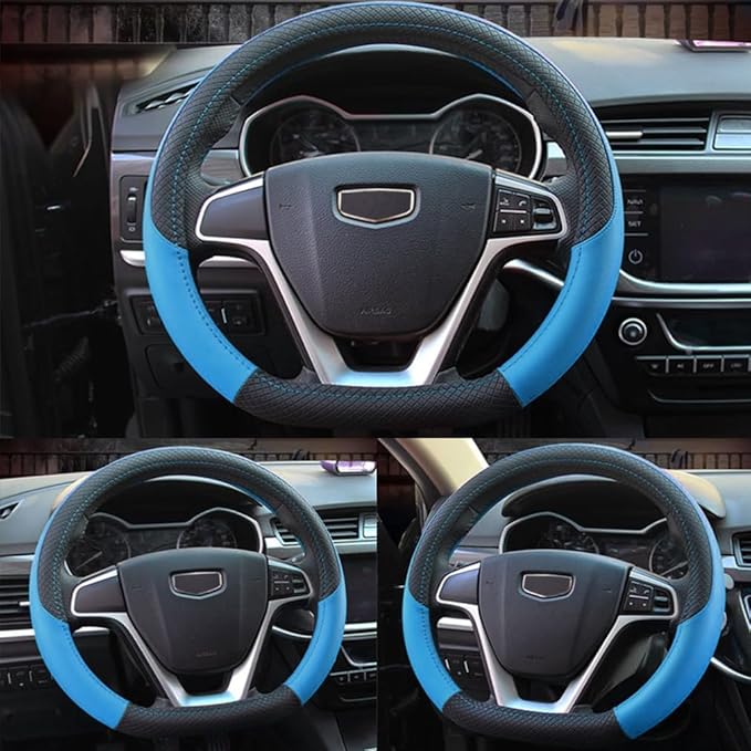 Pahajim Steering Wheel Cover Flat Bottom, D Shaped Car Steering Wheel Wrap PU Leather Anti Skid 14.5-15 Inch (37-38cm) Cubre Volantes Carros for Women Men (Blue)