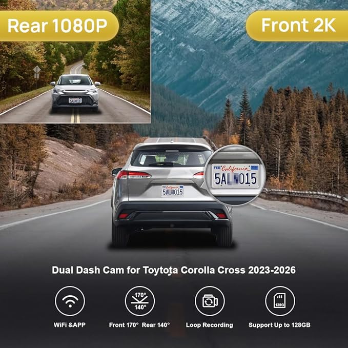 Fitcamx Front 2K+Rear 1080P Dash Cam Adapts for Toyota Corolla Cross 2023-2026 Hybrid (NOT Corolla), OEM Style, Dual HD Video, Built-in WiFi & APP, Loop Recording, G-Sensor, Easy to Use, 64GB Card