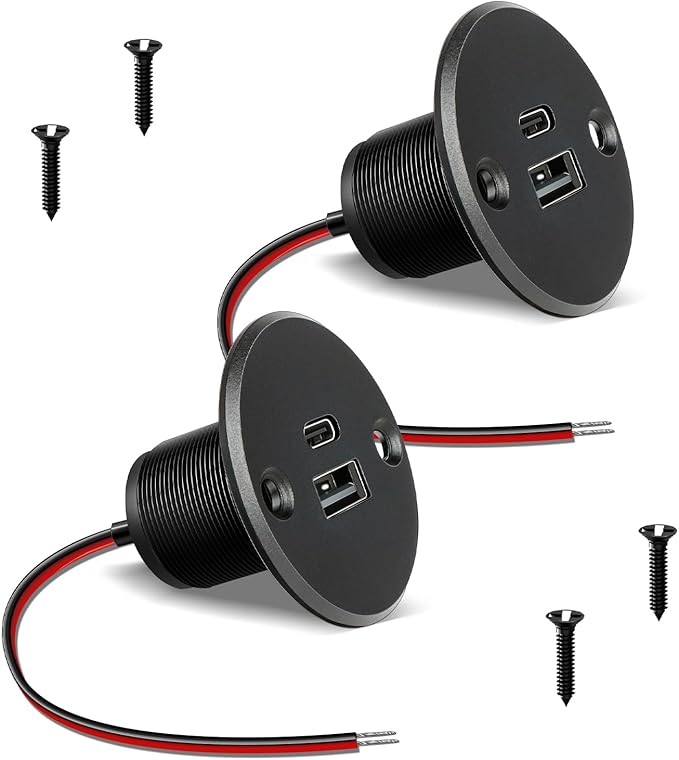 Acegoo RV USB Outlet All-Aluminum Type A + Type C Ports 12V/24V USB Charger, Recessed Mount 24W High-Speed Charging Socket, PD3.0 & QC3.0 Fast Charger for Camper Trailer Van Car Boat Golf Cart (2Pcs)