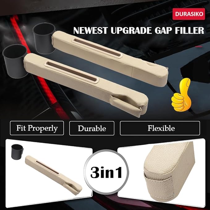 Advanced 3-in-1 Car Seat Gap Filler Organizer 2 Packs, PU Leather Console Side Storage Pad with Removable Cupholder, Anti-Slip Blocker for Phone Coins Keys