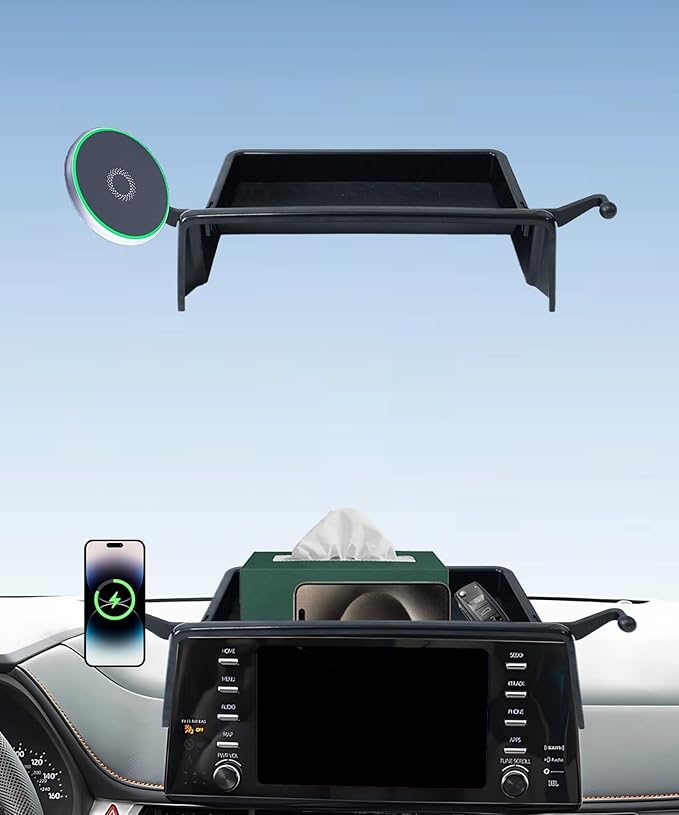Car Phone Holder for Toyota Sienna 2021-2024 Accessories Apply to 9 Inch Touch Screen 15W Fast Wireless Charger Screen Fixed Clip Cell Phone Mount with Dashboard Storage Tray