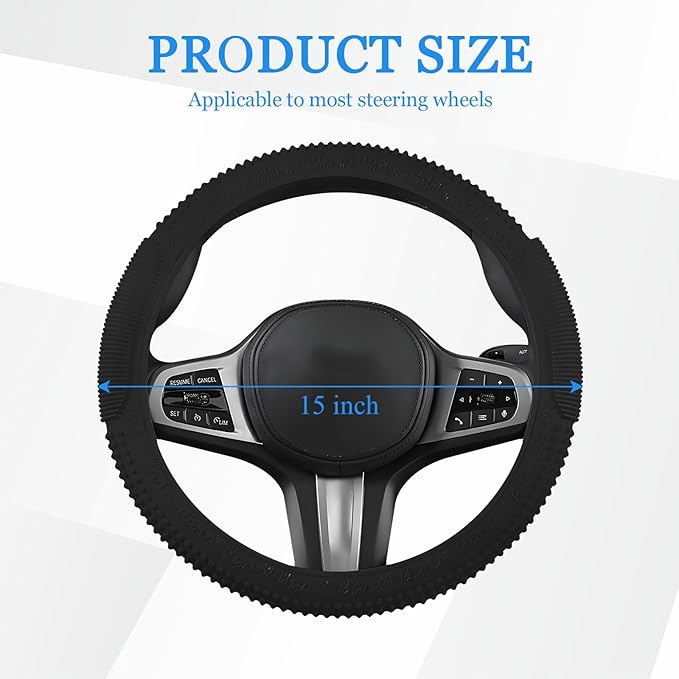 Wuyaoyao Car Steering Wheel Cover, Anti-Slip Silicone Steering Wheel Cover Protector, Non-Slip Massage Grip Auto Wheel Cover Fits 14-15 Inch, Universal Interior Car Accessories (Black)