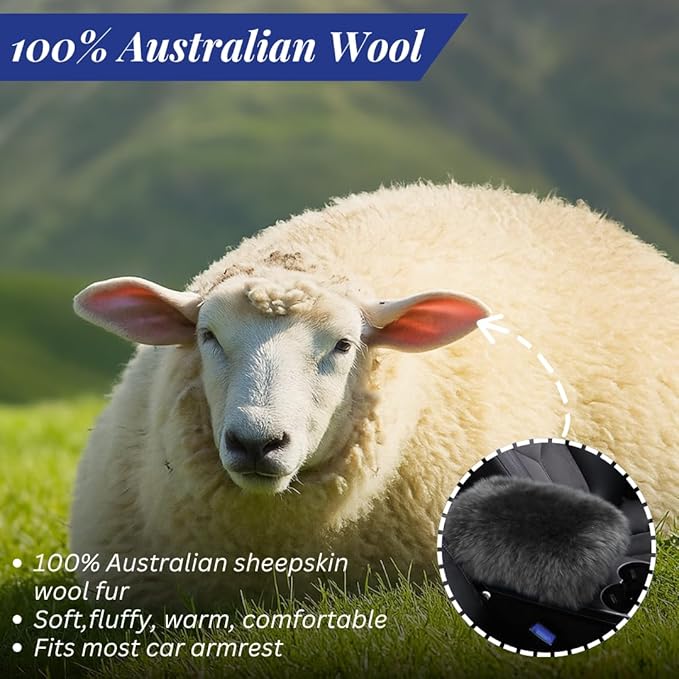 Andalus Brands Pure Australian Sheepskin Fluffy Car Center Console Cover, Luxurious Non-Shedding Furry Arm Rest Cover for Car, Versatile for All Seasons, Charcoal Grey - (11.47" X 6.3")