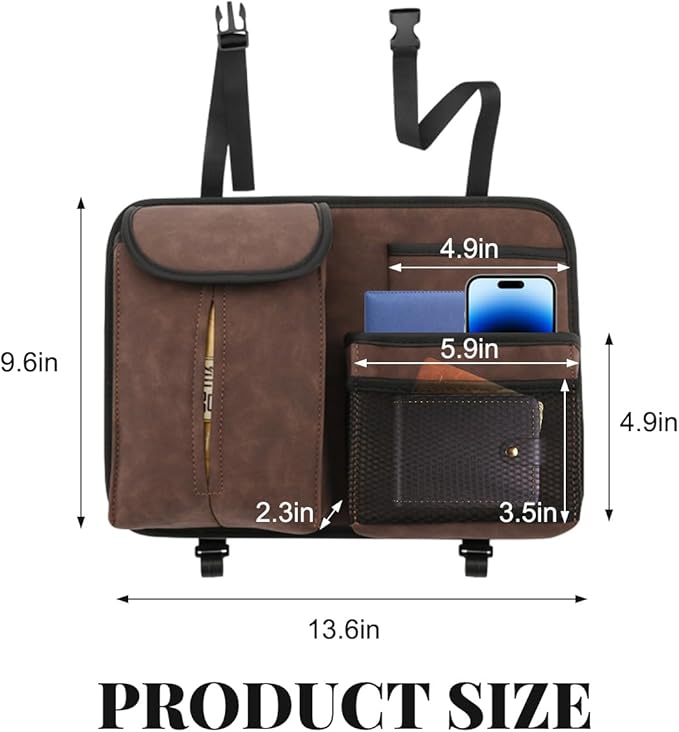 Car Back Seat Organizer, Multi Pockets Car Hanging Seat Back Headrest Organizer with Hook, Durable Car Seat Storage Bag, Universal Travel Accessories with Tissue Box Net Pocket (Coffee)