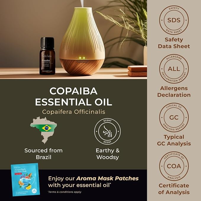 100% Pure Copaiba Essential Oil - 0.34 Fl Oz - Copaiba Oil for Hair, Skin, Diffuser, Aromatherapy & DIY Candle Making Scent