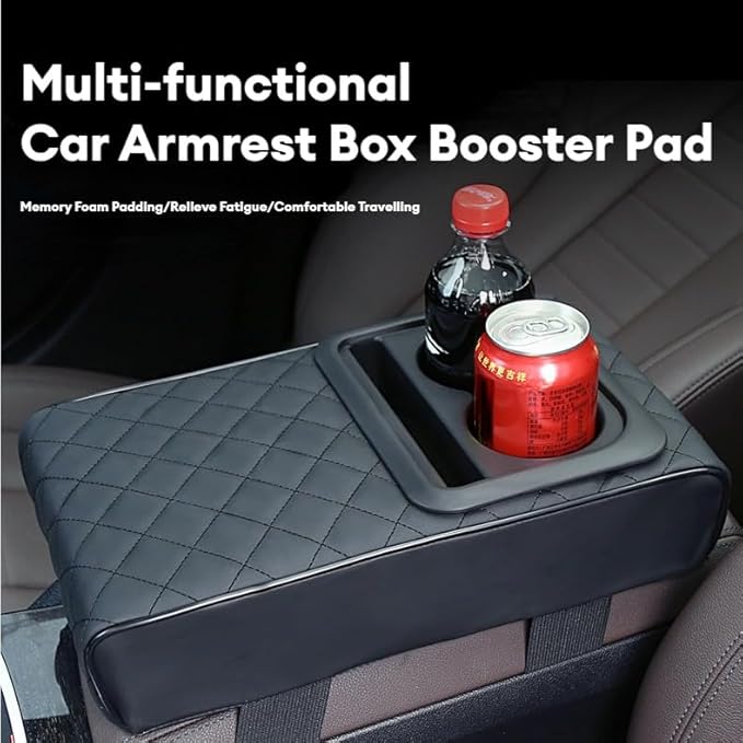 Center Console Booster Cover Car Armrest Box Pad Leather Arm Rest Cushion with Cup Holder Mobile Phone Storage Armrest Protection Pad for Car (Pure Beige, 13.58 * 8.07 * 2.95 inch)