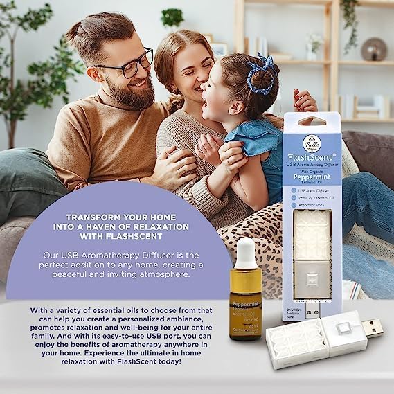 Belle Aroma® FlashScent™ USB Aromatherapy Bundle - for Car, Office, Home, and Travel - Includes 1 Pearl White Peppermint Oil Diffuser Kit, 1 Lavender FlashScent Essential Oil, and 7 Refill Pads