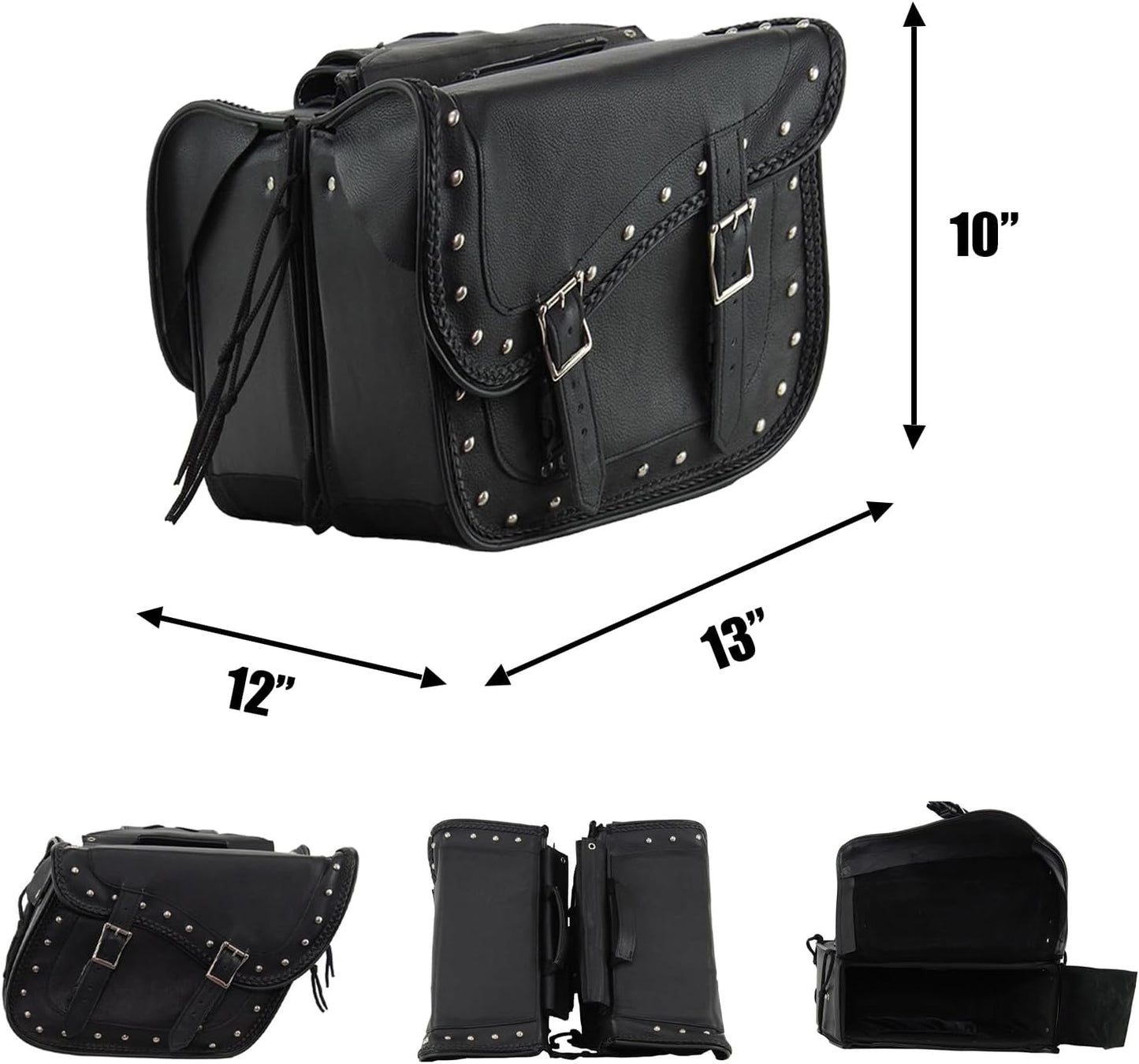 Synthetic Leather Motorcycle Luggage Bag - Waterproof Throw Over Saddlebags For Motorcycles - Softails, Sportsters, Choppers, Dyna, V-star, Shadow (With Studs, Black, 13'x13'x10')