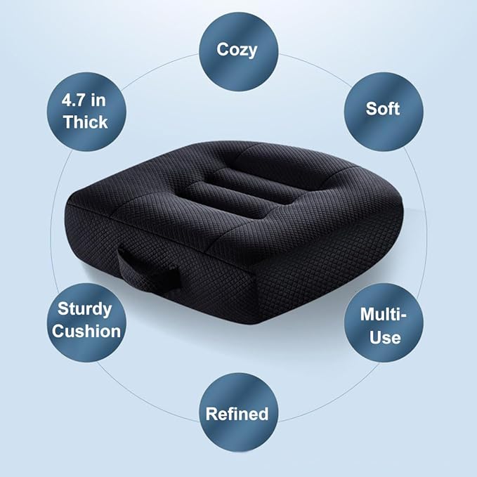 Adult Booster Seat Cushion for Car Height Increase Thick Pad for Office Chair Rocking Chair Floor Pillow Back Pain Coccyx Pain Relief, Carry Handle (Black)