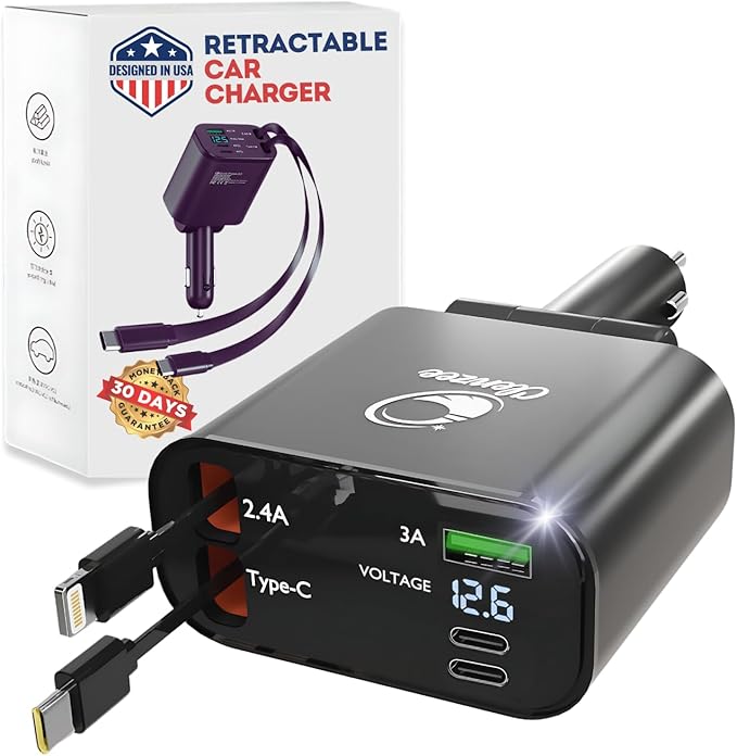【Upgraded】 Retractable Car Charger 5 in 1 Fast Car Phone Charger | 2 Retractable Cords (Type-C & iOS) with Additional 3 Ports | Charge 5 Devices | Compatible with iPhone & Android Models