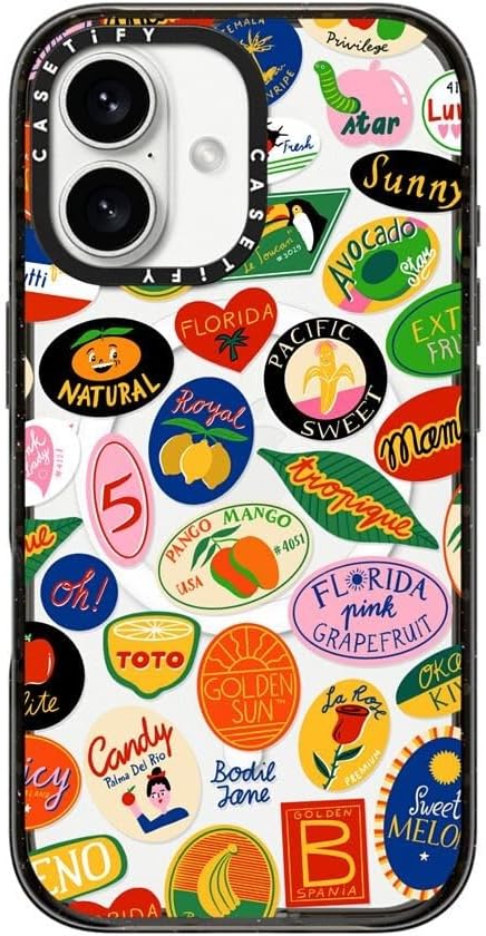 CASETiFY Impact Case for iPhone 16 [Slim / 8.2 ft. 4X Military Grade Drop Protection/Compatible with Magsafe] - Fruit Stickers - Clear Black